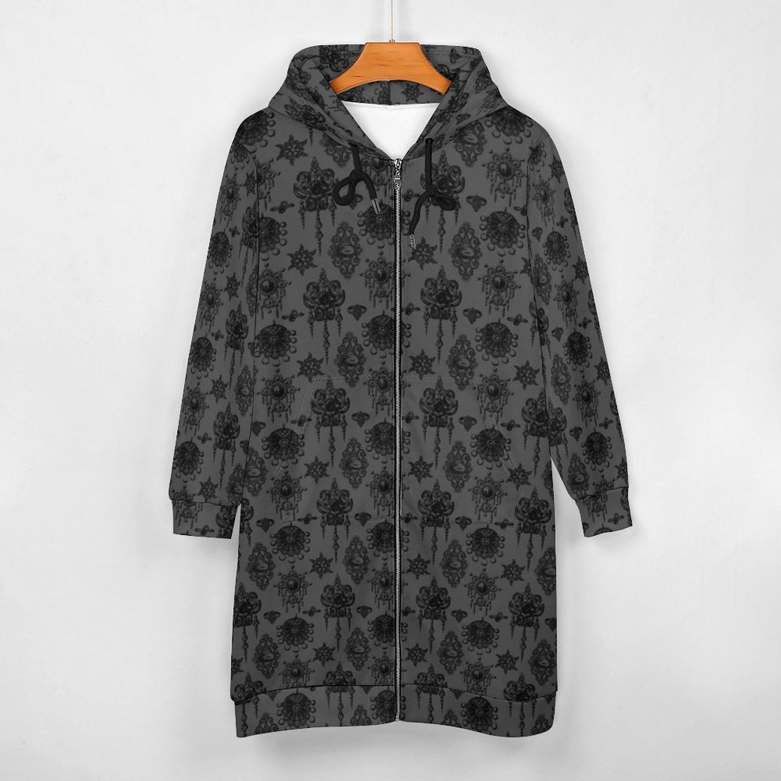 Gothic Hooded Cardigan, Long Zip Hoodie Jacket, Black Damask Dark Academia Duster