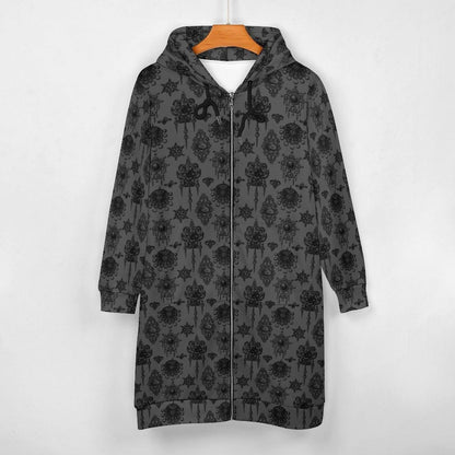 Gothic Hooded Cardigan, Long Zip Hoodie Jacket, Black Damask Dark Academia Duster