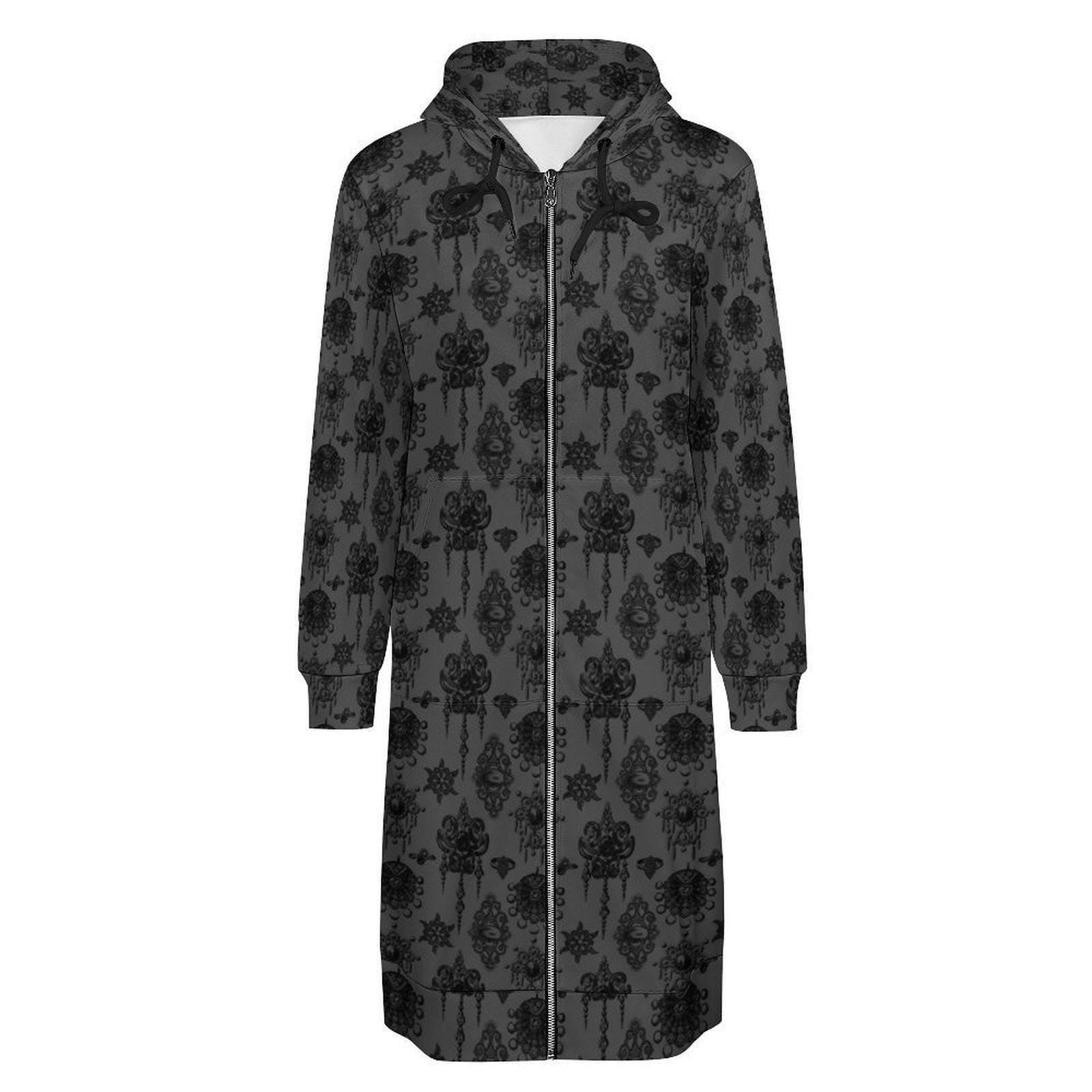 Gothic Hooded Cardigan, Long Zip Hoodie Jacket, Black Damask Dark Academia Duster