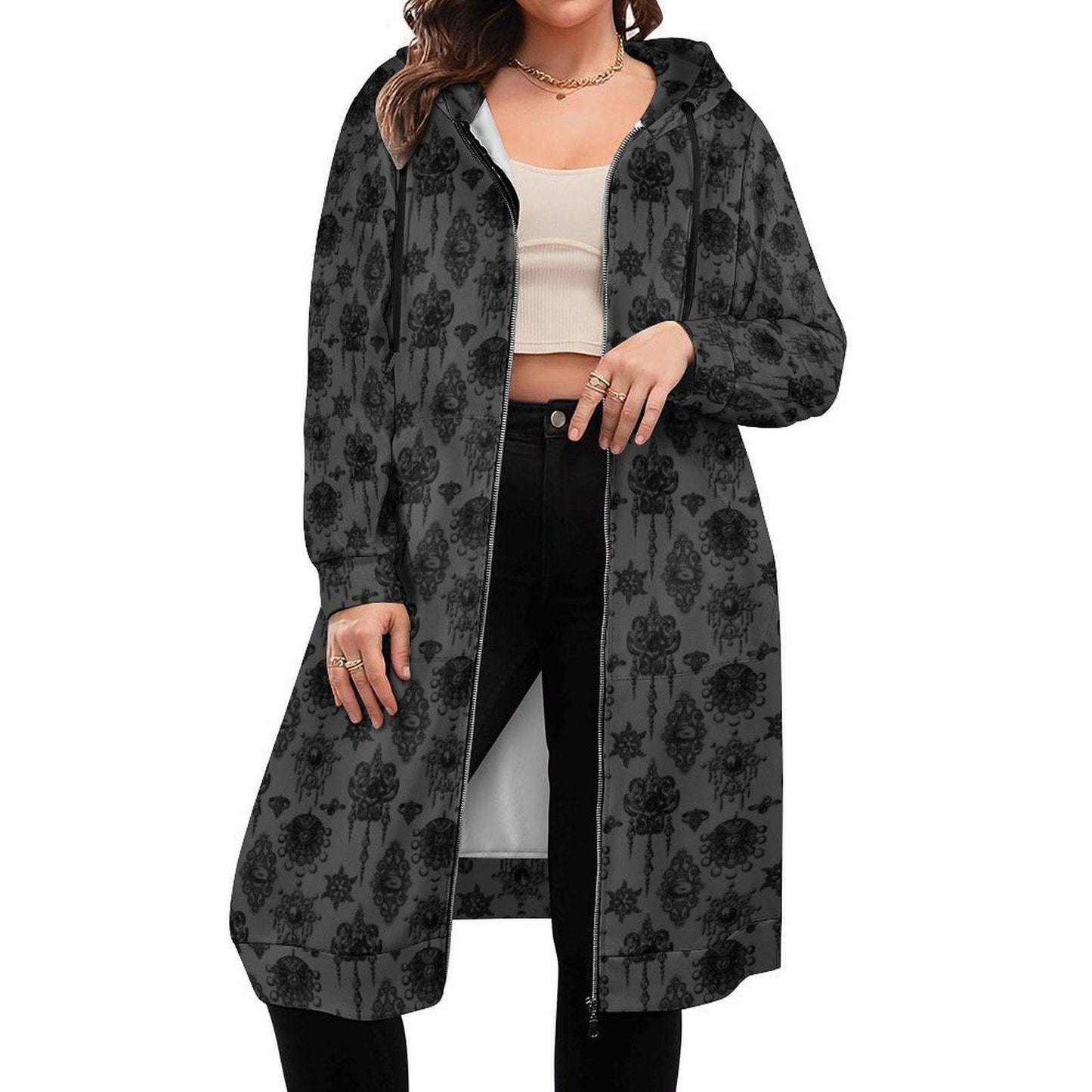 Gothic Hooded Cardigan, Long Zip Hoodie Jacket, Black Damask Dark Academia Duster