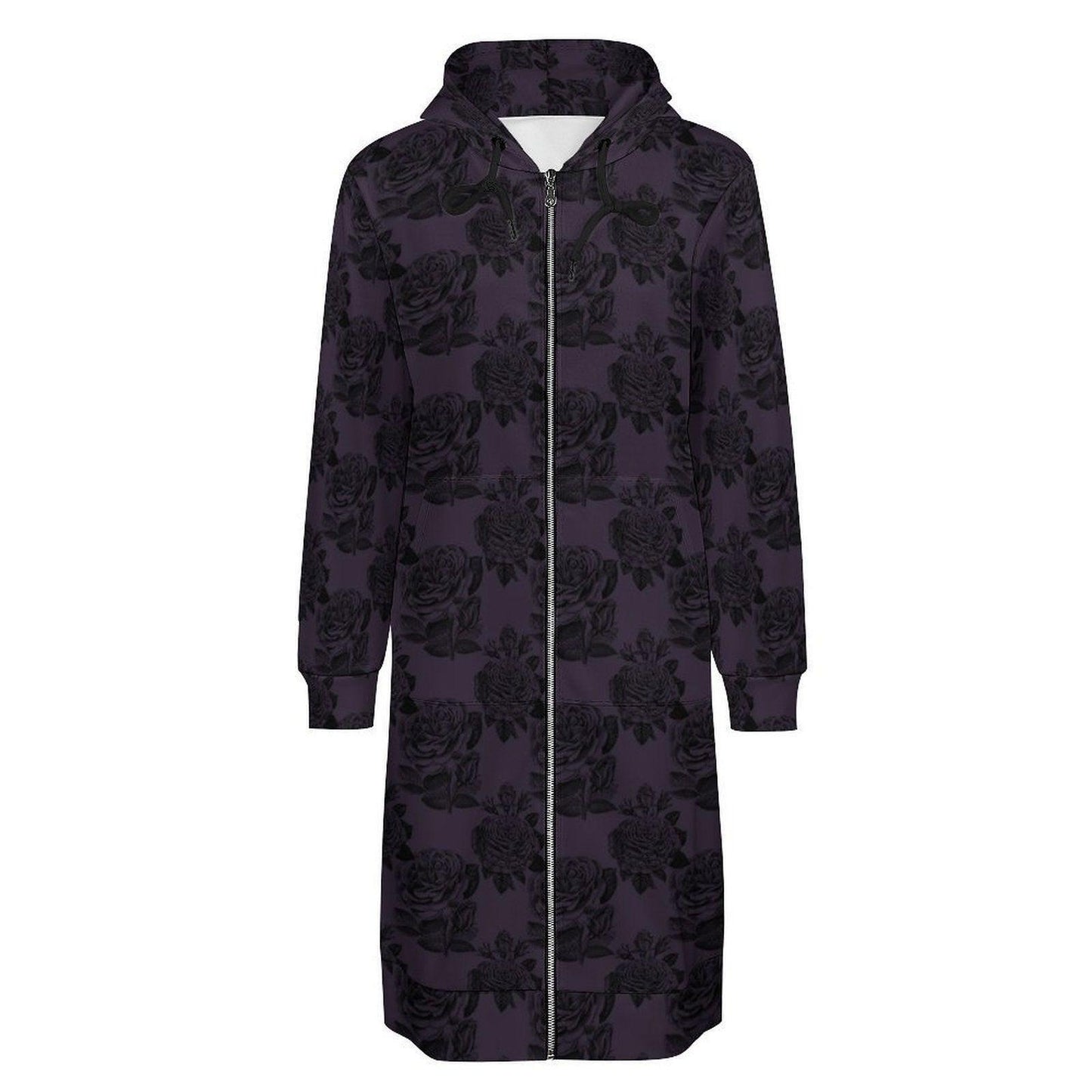 Black Rose Hooded Duster, Purple Floral Zip Cardigan, Romantic Goth Longline Jacket