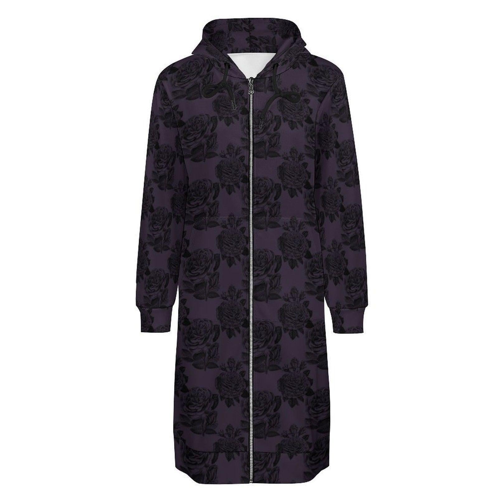 Black Rose Hooded Duster, Purple Floral Zip Cardigan, Romantic Goth Longline Jacket