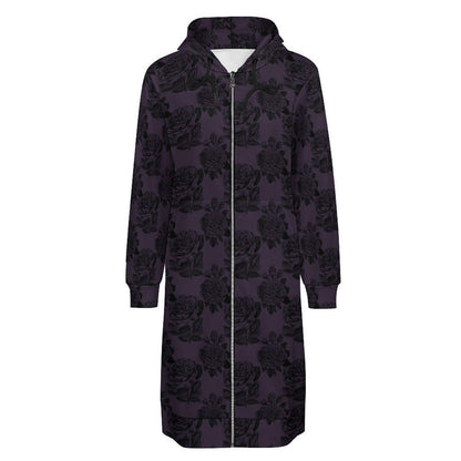 Black Rose Hooded Duster, Purple Floral Zip Cardigan, Romantic Goth Longline Jacket