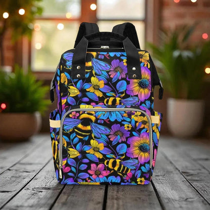 Bee Floral Diaper Backpack with Bold Botanical Print, Nature-Inspired Baby Bag for Moms