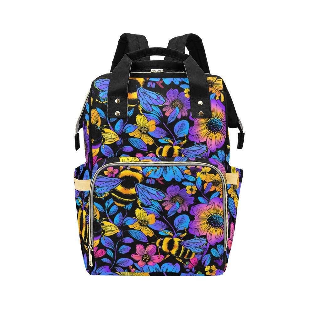 Bee Floral Diaper Backpack with Bold Botanical Print, Nature-Inspired Baby Bag for Moms