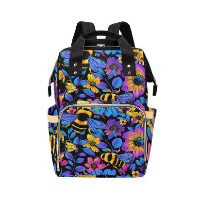 Bee Floral Diaper Backpack with Bold Botanical Print, Nature-Inspired Baby Bag for Moms