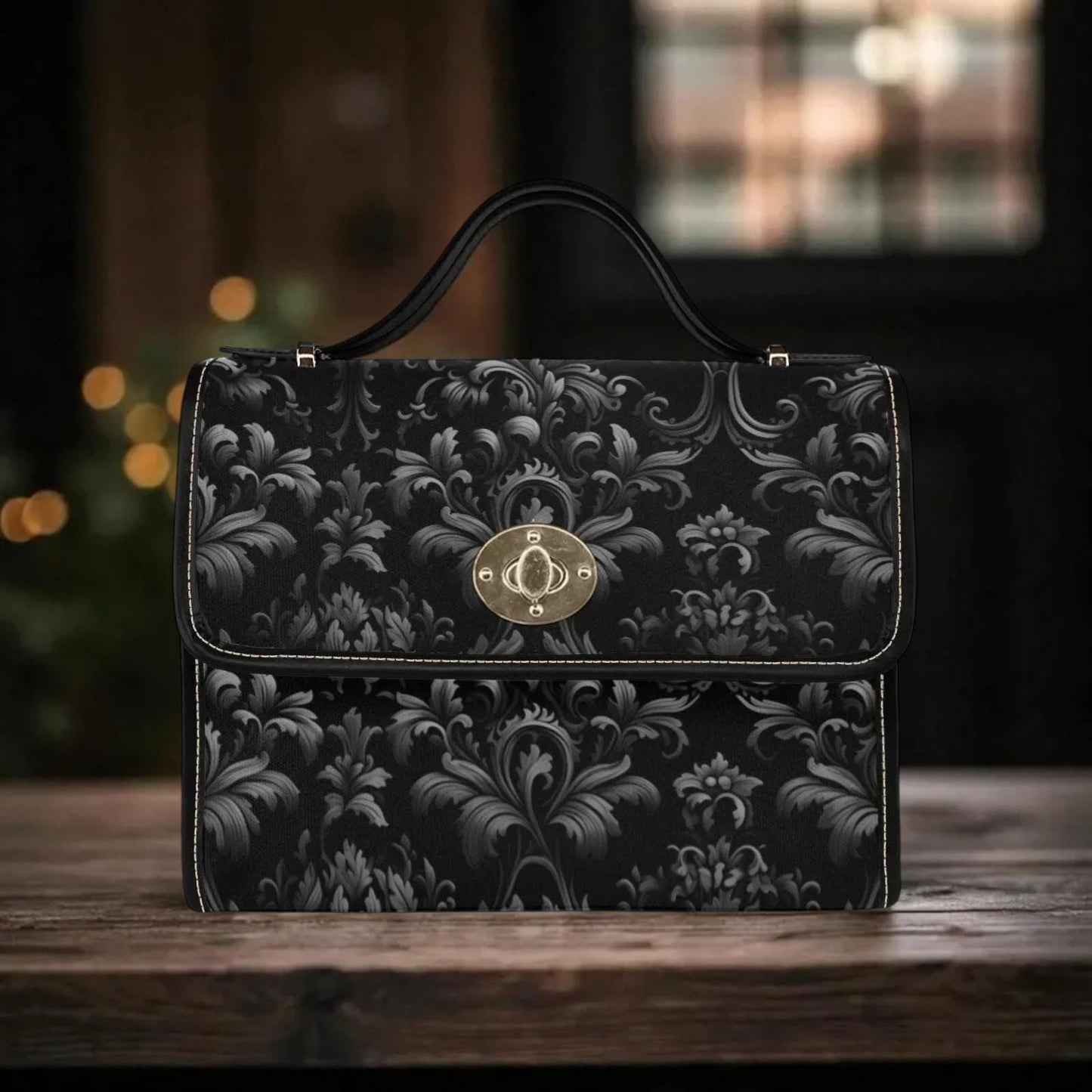 Gothic Damask Canvas Satchel, Victorian Vamp Crossbody Bag