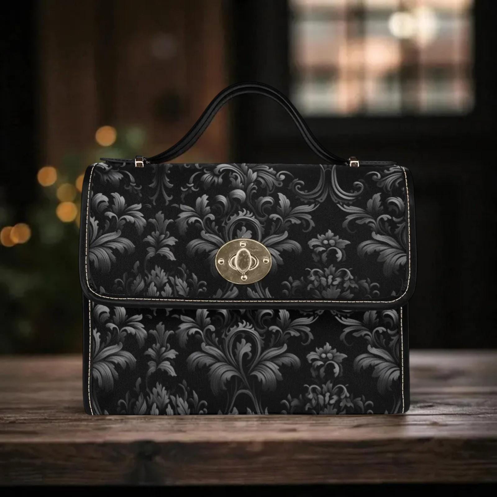 Gothic Damask Canvas Satchel, Victorian Vamp Crossbody Bag