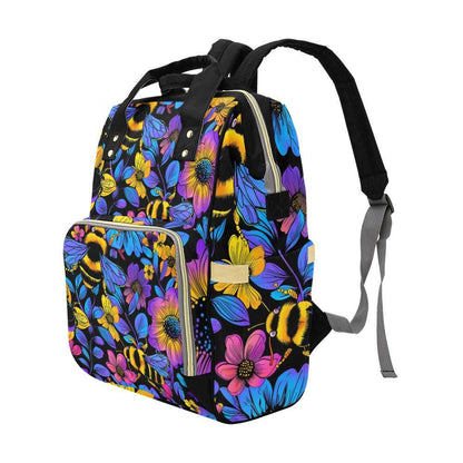 Bee Floral Diaper Backpack with Bold Botanical Print, Nature-Inspired Baby Bag for Moms