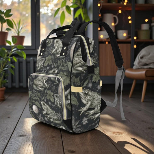 Vintage Frog Illustration Diaper Backpack, Woodland Nature Baby Bag with Night Garden Amphibian Print