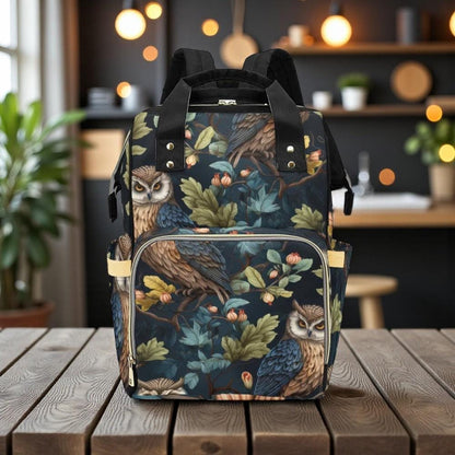 Owl Forest Illustration Diaper Backpack with Vintage Botanical Artwork, Woodland Baby Bag, Nature Print Backpack