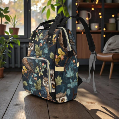 Owl Forest Illustration Diaper Backpack with Vintage Botanical Artwork, Woodland Baby Bag, Nature Print Backpack