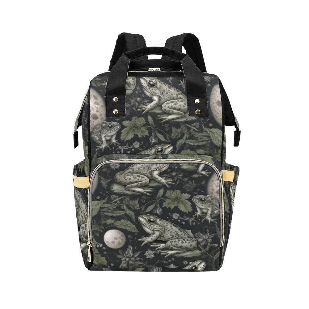 Vintage Frog Illustration Diaper Backpack, Woodland Nature Baby Bag with Night Garden Amphibian Print