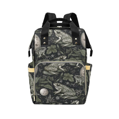 Vintage Frog Illustration Diaper Backpack, Woodland Nature Baby Bag with Night Garden Amphibian Print