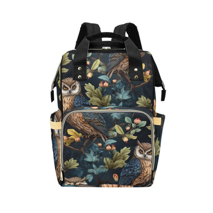 Owl Forest Illustration Diaper Backpack with Vintage Botanical Artwork, Woodland Baby Bag, Nature Print Backpack