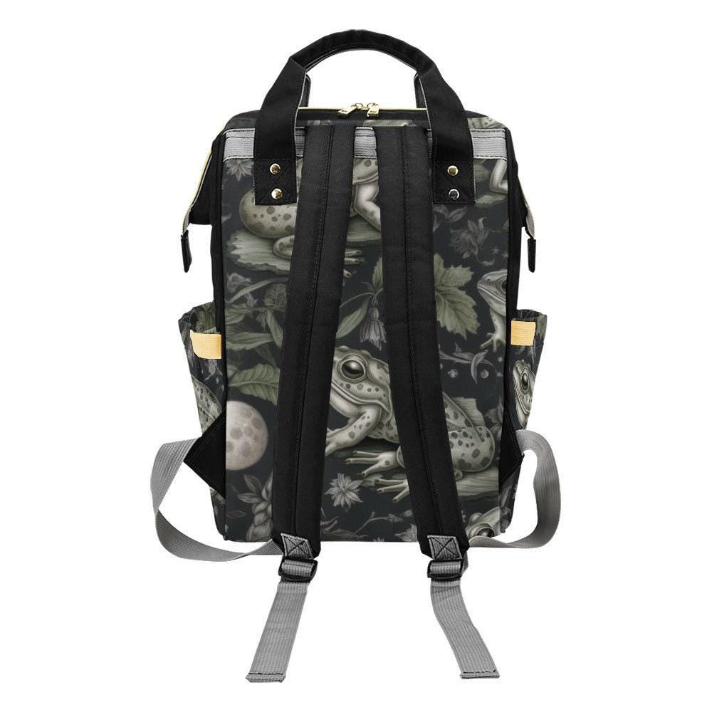Vintage Frog Illustration Diaper Backpack, Woodland Nature Baby Bag with Night Garden Amphibian Print