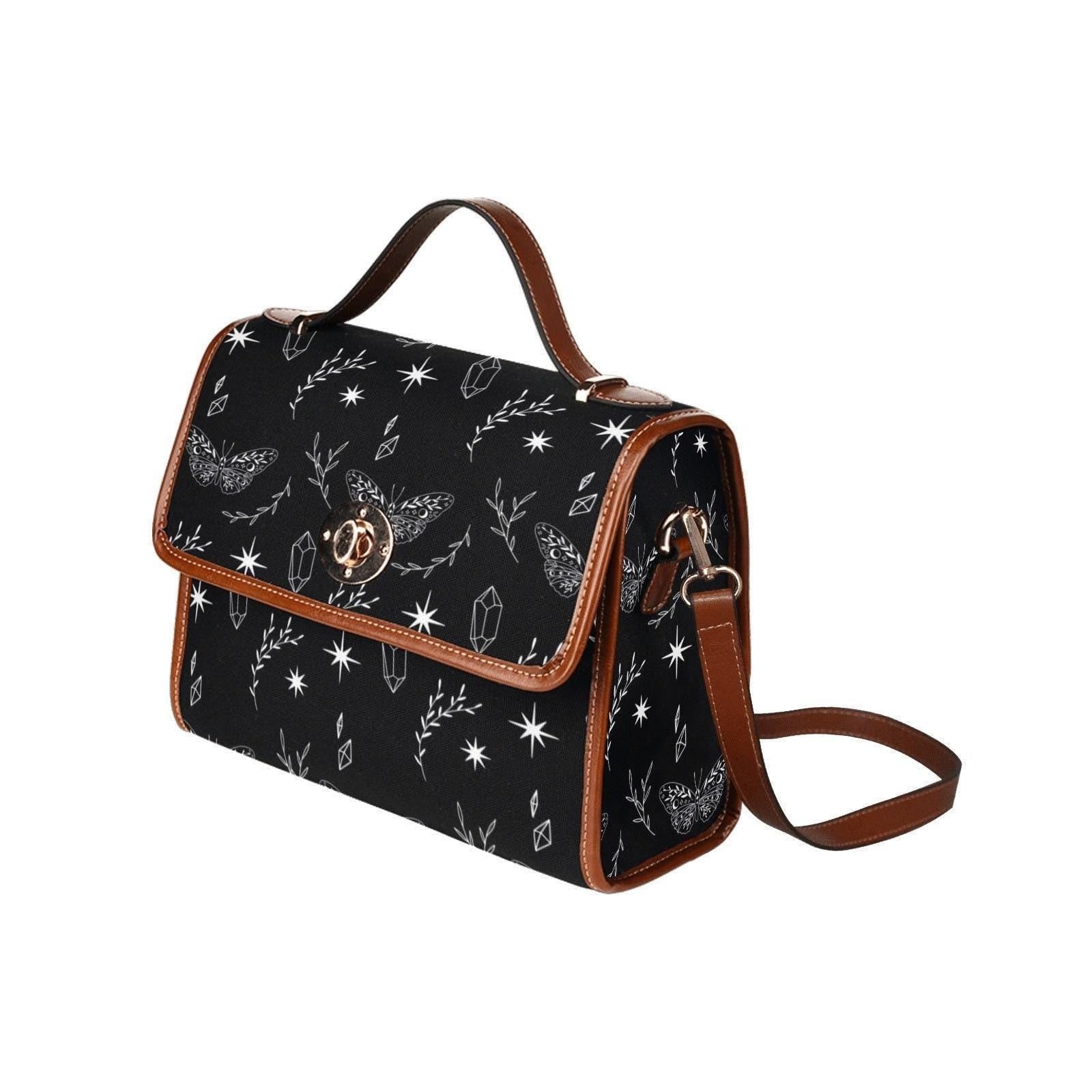 Celestial Moth Crossbody Bag, Witchy Black Purse with Crystal and Star Symbol Print