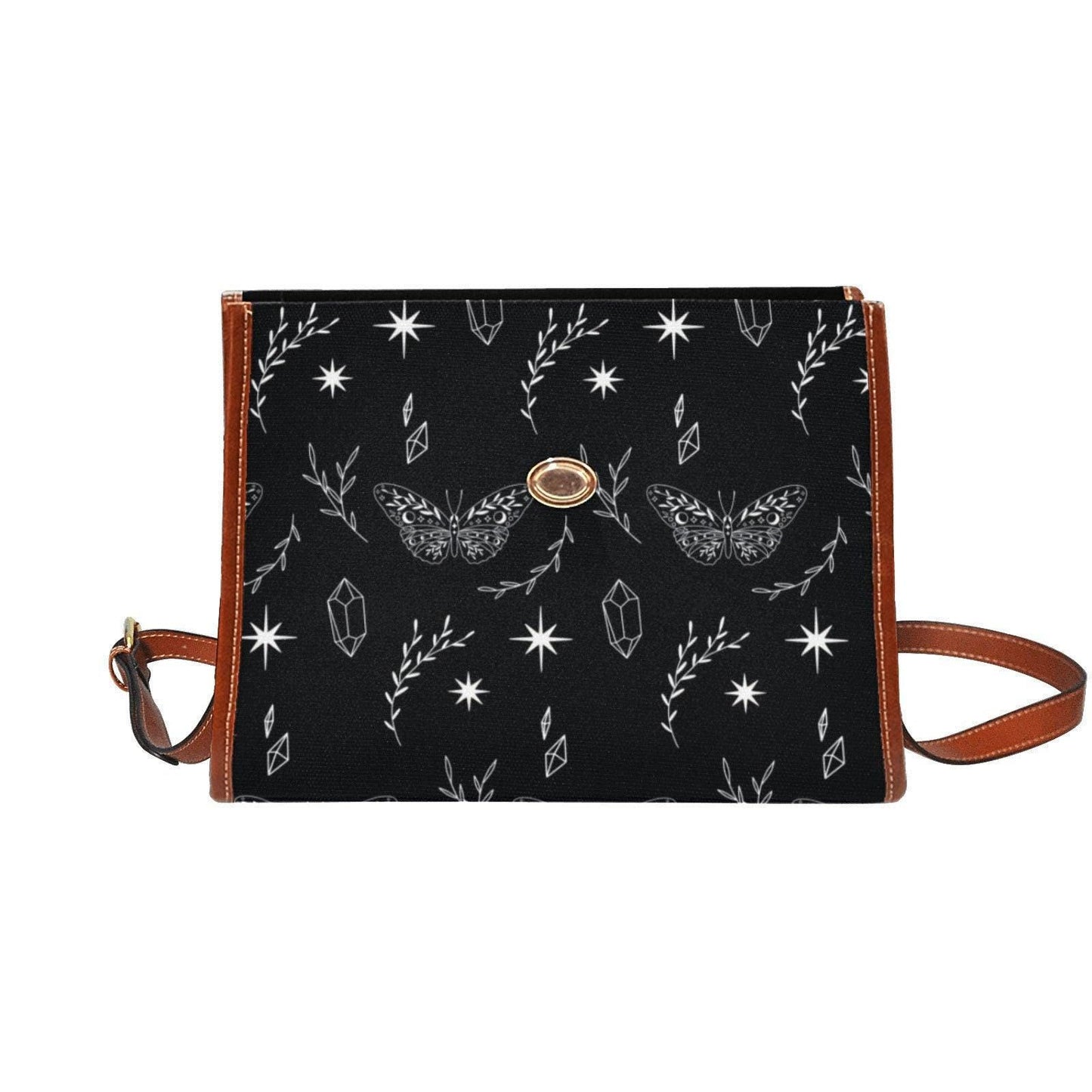 Celestial Moth Crossbody Bag, Witchy Black Purse with Crystal and Star Symbol Print
