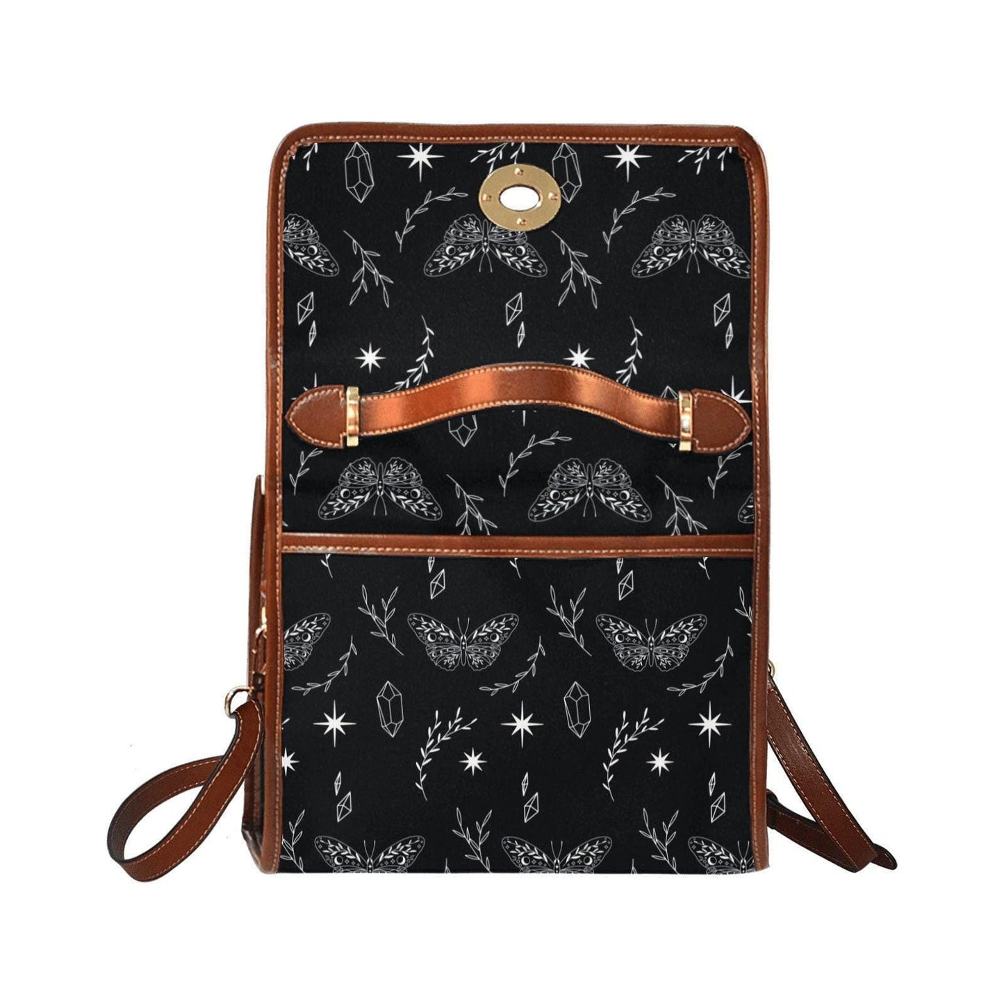Celestial Moth Crossbody Bag, Witchy Black Purse with Crystal and Star Symbol Print