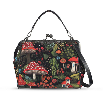 Enchanted mushroom print handbag, fairy forest clasp purse, woodland cottage shoulder bag