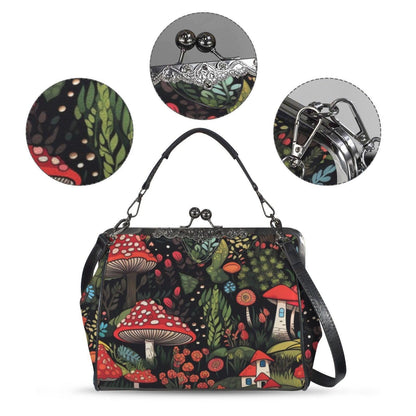 Enchanted mushroom print handbag, fairy forest clasp purse, woodland cottage shoulder bag