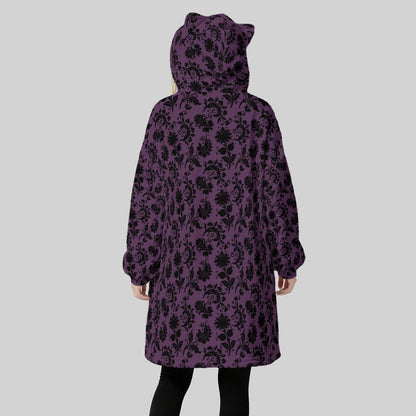 Purple Damask Hooded Blanket, Gothic Sherpa Lounge Hoodie, Cat Ear Cozy Gift