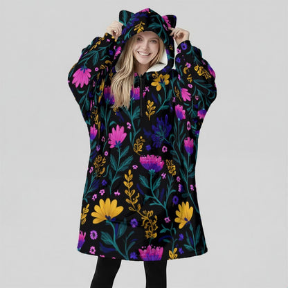 Wearable Blanket Hoodie, Dark Floral Oversized Sherpa Hooded Lounger for Women