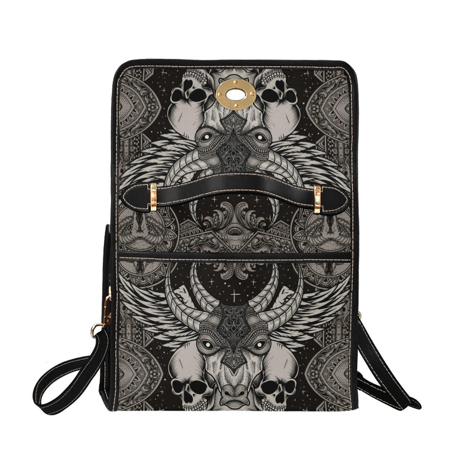Skull Satchel Purse, Horned Dark Art Handbag, Monochrome Statement Bag