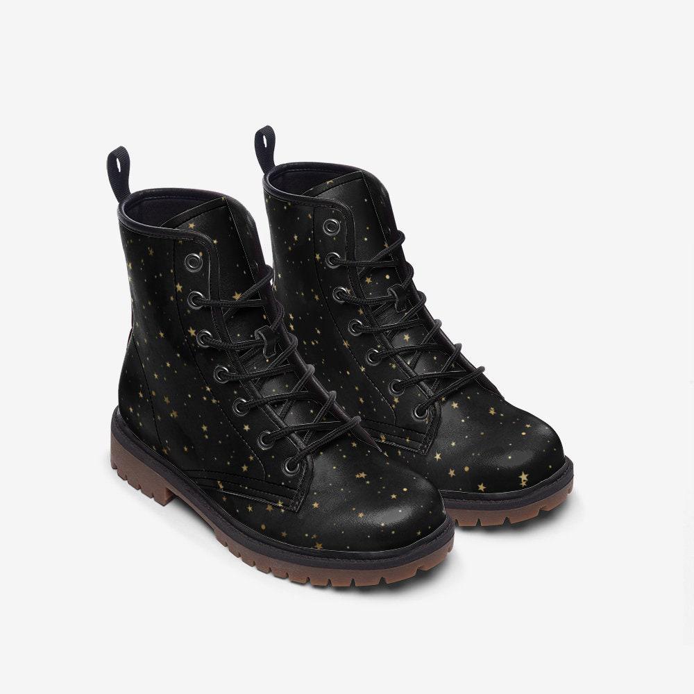 Vegan Black Combat Boots with Gold Stars
