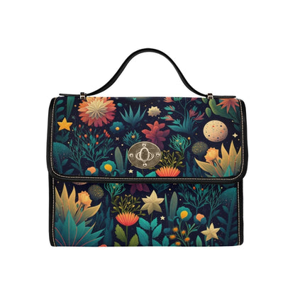 Celestial botanical handbag, starry night floral top handle purse, water-resistant, statement accessory