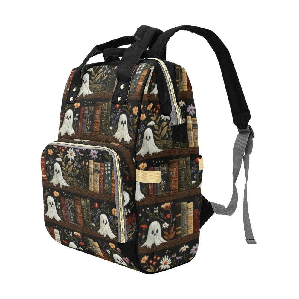 Ghost Diaper Bag Backpack, Bookish Floral Baby Travel Bag, Spooky Mom Stroller Bag