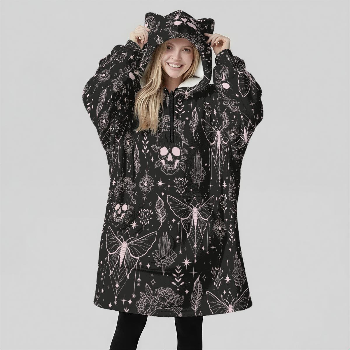 Hooded Blanket with Gothic Moth Skull Print, Oversized Wearable Blanket, Dark Cozy Gift