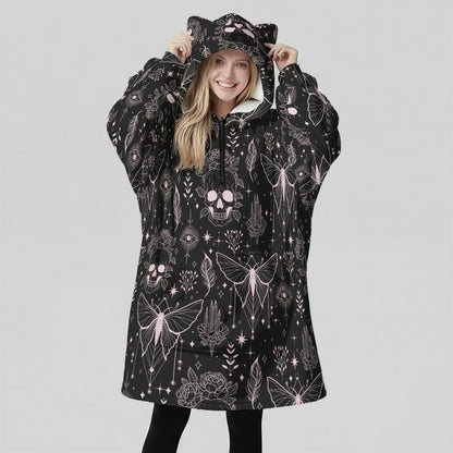 Hooded Blanket with Gothic Moth Skull Print, Oversized Wearable Blanket, Dark Cozy Gift