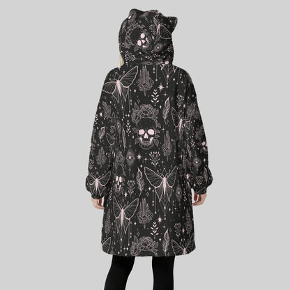 Hooded Blanket with Gothic Moth Skull Print, Oversized Wearable Blanket, Dark Cozy Gift