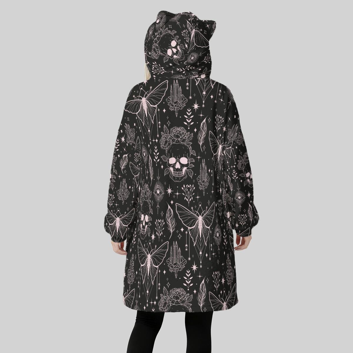 Hooded Blanket with Gothic Moth Skull Print, Oversized Wearable Blanket, Dark Cozy Gift