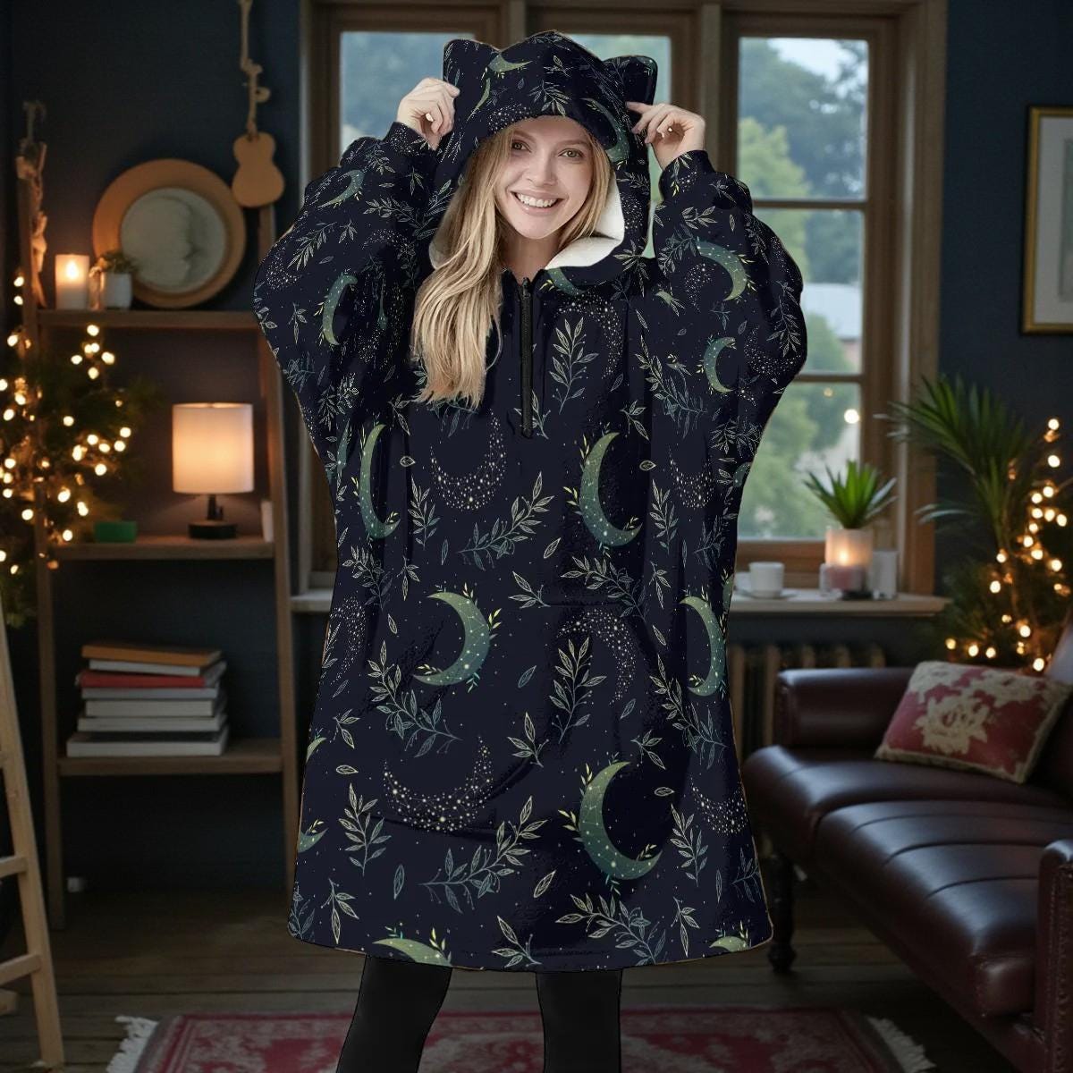 Celestial Moon Fleece Hoodie Blanket with Cat Ear Hood