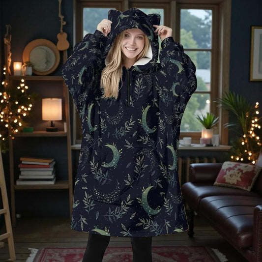 Celestial Moon Fleece Hoodie Blanket with Cat Ear Hood
