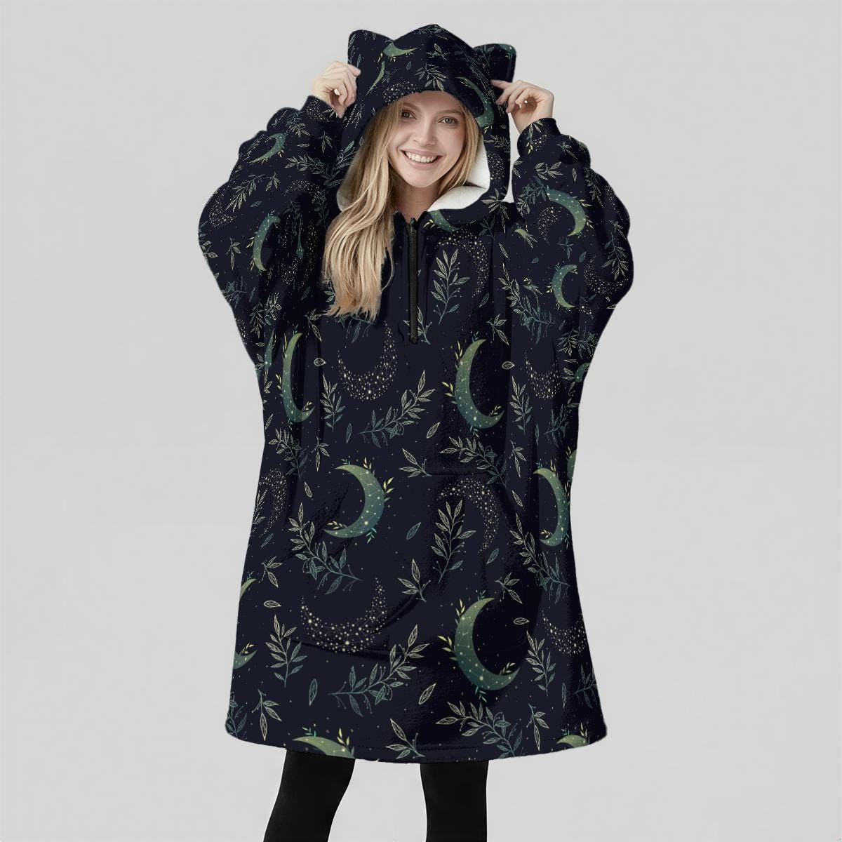 Celestial Moon Hoodie Blanket, Cat Ear Hood, Oversized Witchy Loungewear