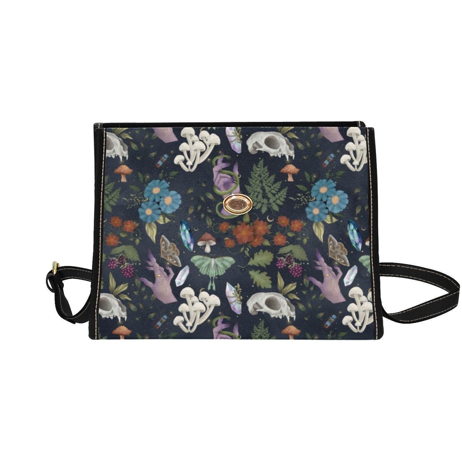 Mystical Forest Satchel Bag, Witchy Mushroom Handbag, Gothic Moth Purse