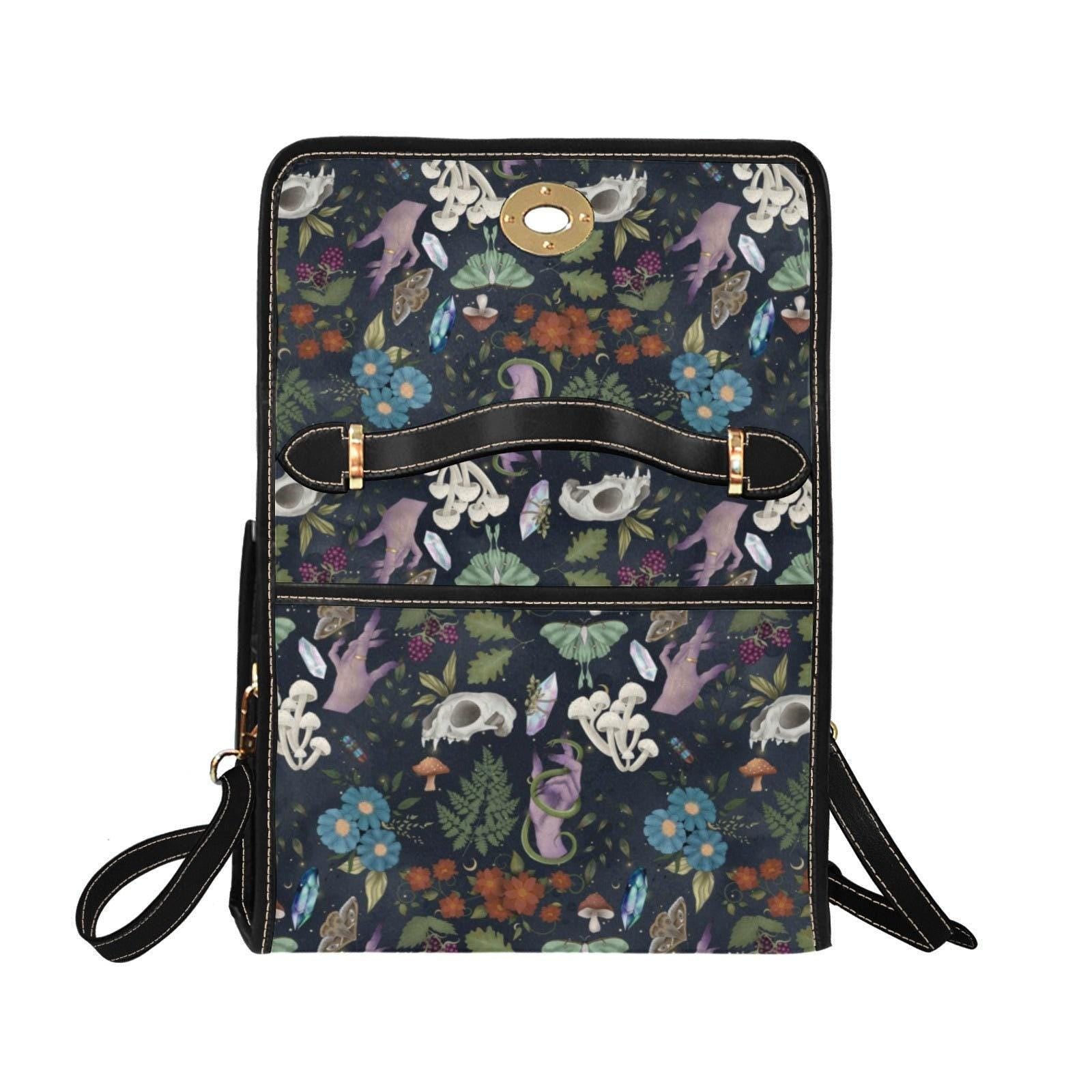 Mystical Forest Satchel Bag, Witchy Mushroom Handbag, Gothic Moth Purse
