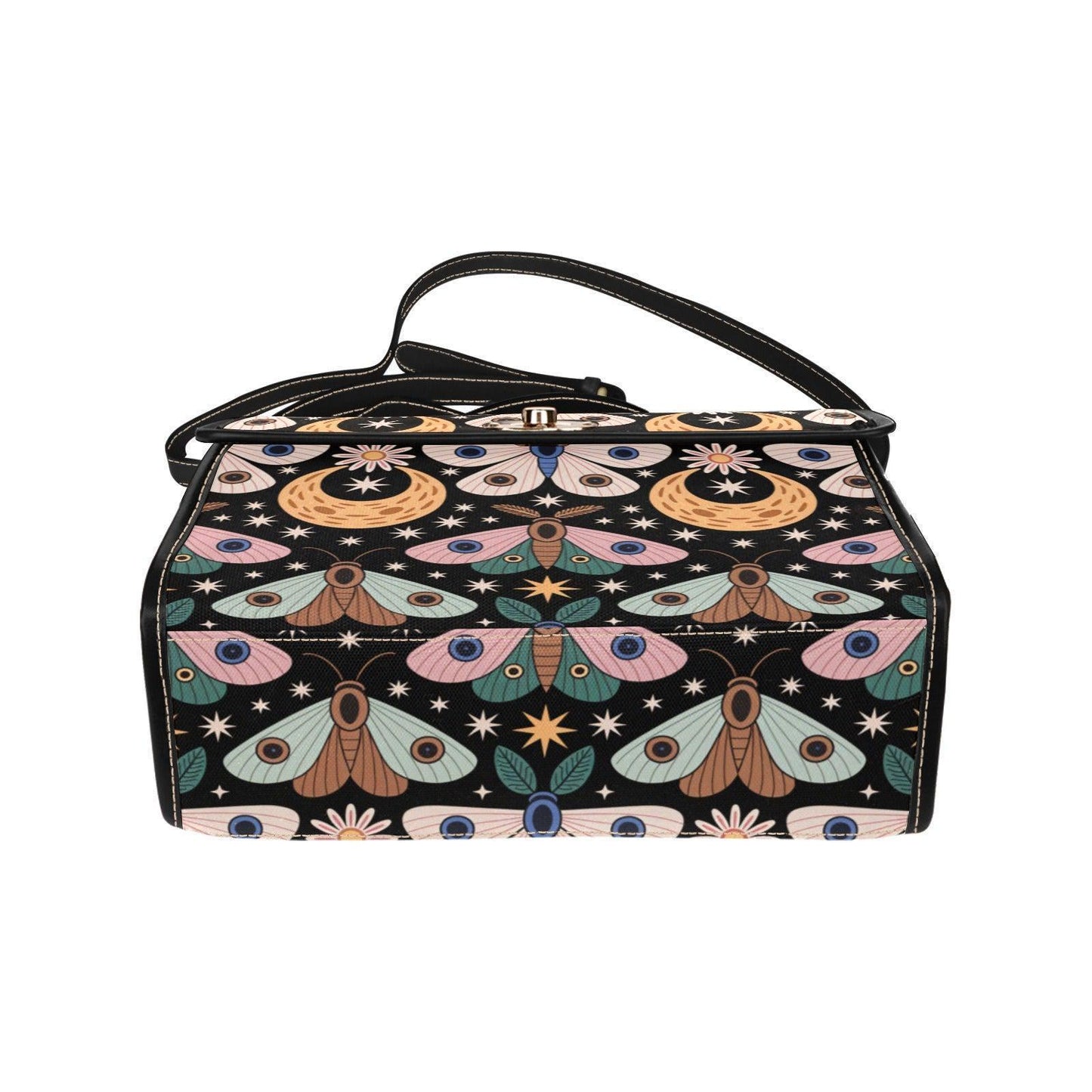 Celestial Moth Top Handle Purse, Moon Star Handbag, Witchy Art Nouveau Statement Bag