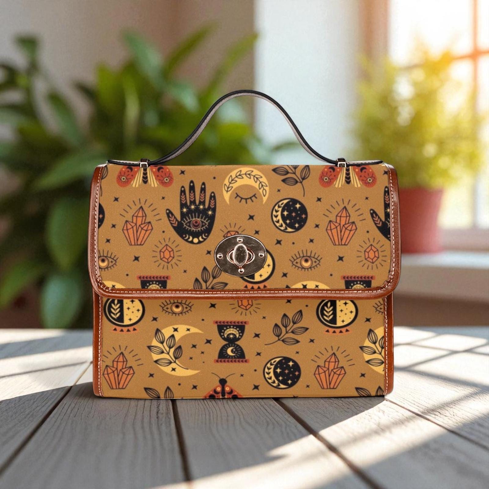 Mystic symbols purse, boho witchy bag with palm hand print, celestial crossbody bag, vintage brown witch purse, spooky goth girl gift