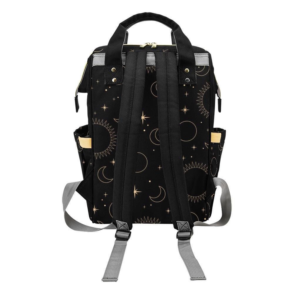 Celestial Diaper Backpack, Moon Star Baby Bag, Black Mom Backpack