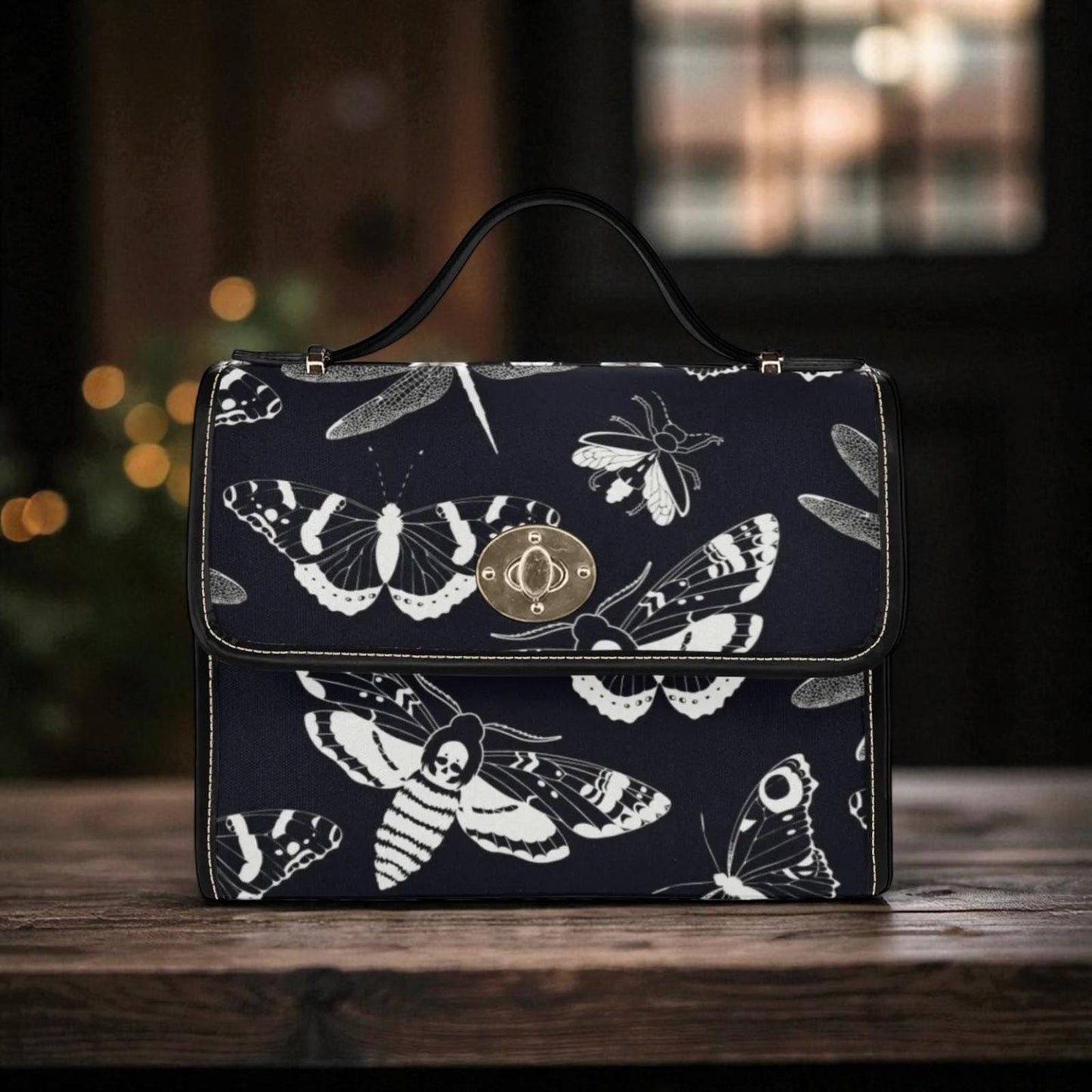 Gothic Moth Print Crossbody Bag, Witchcore Insect Purse, Dark Bug Handbag, Monochrome Moth Bag