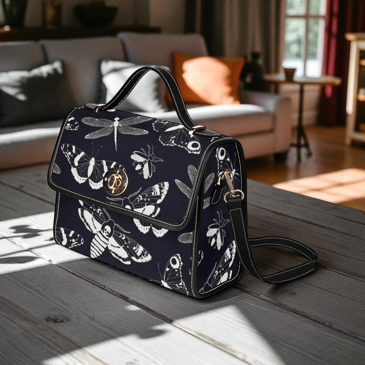 Gothic Moth Print Crossbody Bag, Witchcore Insect Purse, Dark Bug Handbag, Monochrome Moth Bag