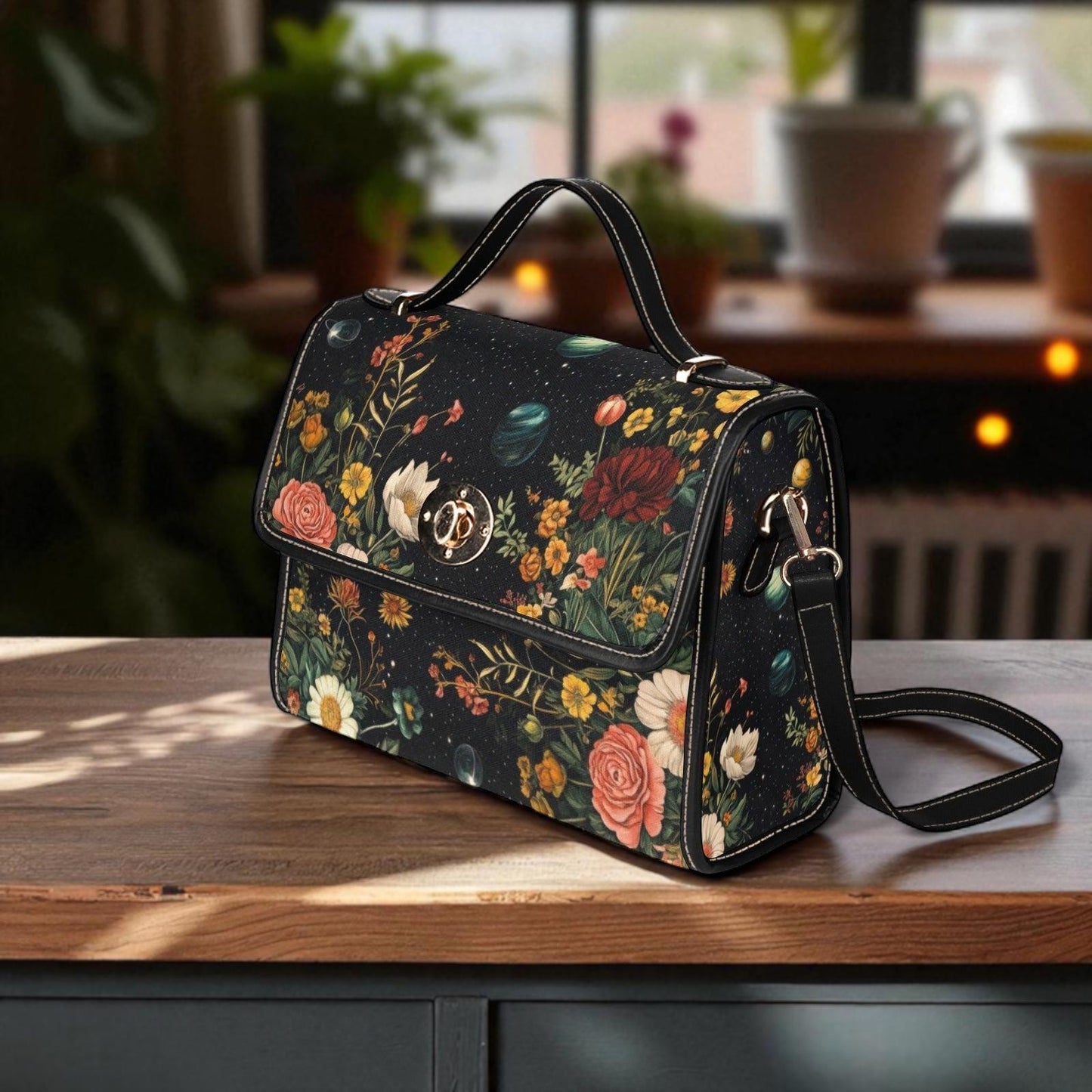 Celestial Floral Satchel Bag, Dark Botanical Top Handle Purse, Moon Garden Handbag