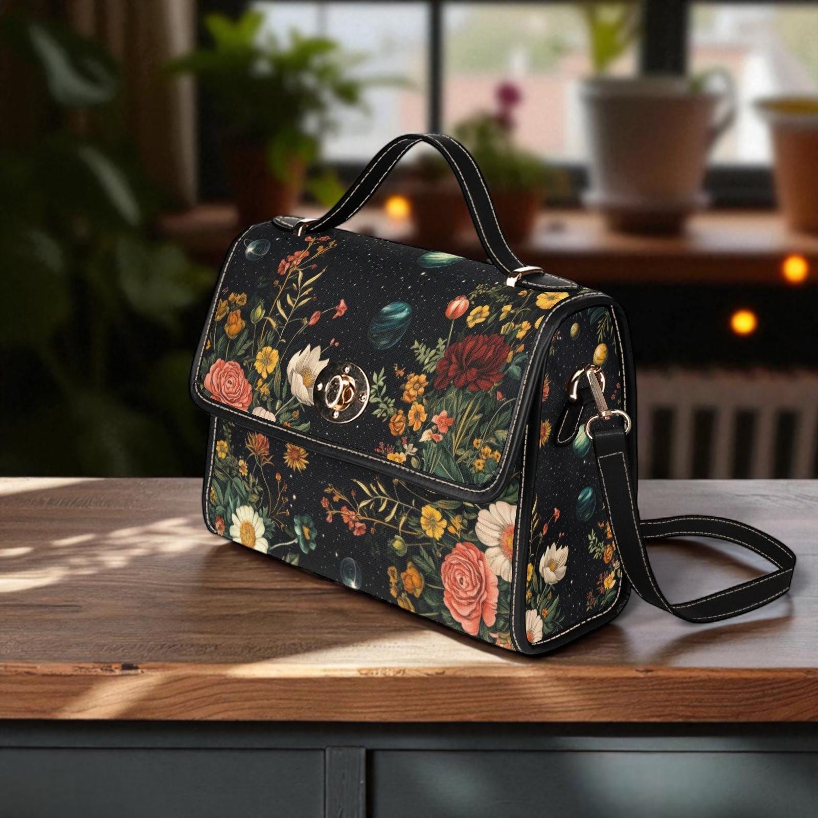 Celestial Floral Satchel Bag, Dark Botanical Top Handle Purse, Moon Garden Handbag
