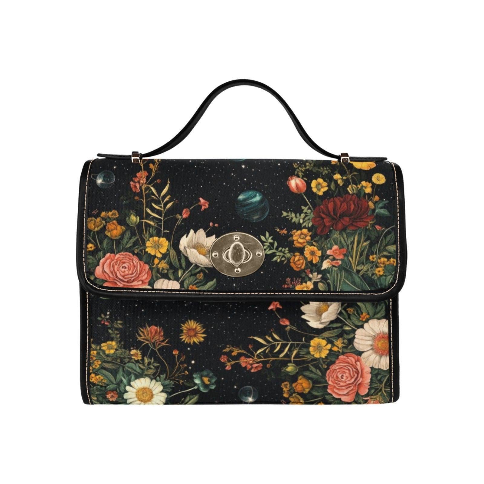 Galaxy Flower Bouquet Satchel – Vintage Space-Themed Floral Handbag