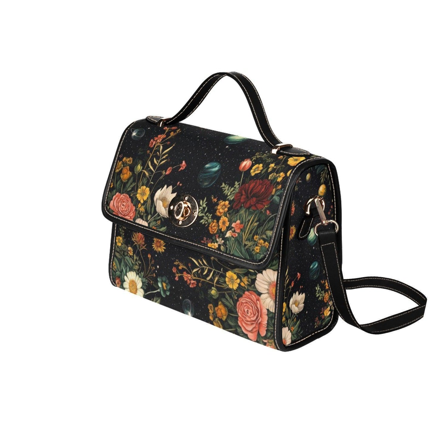 Celestial Floral Satchel Bag, Dark Botanical Top Handle Purse, Moon Garden Handbag
