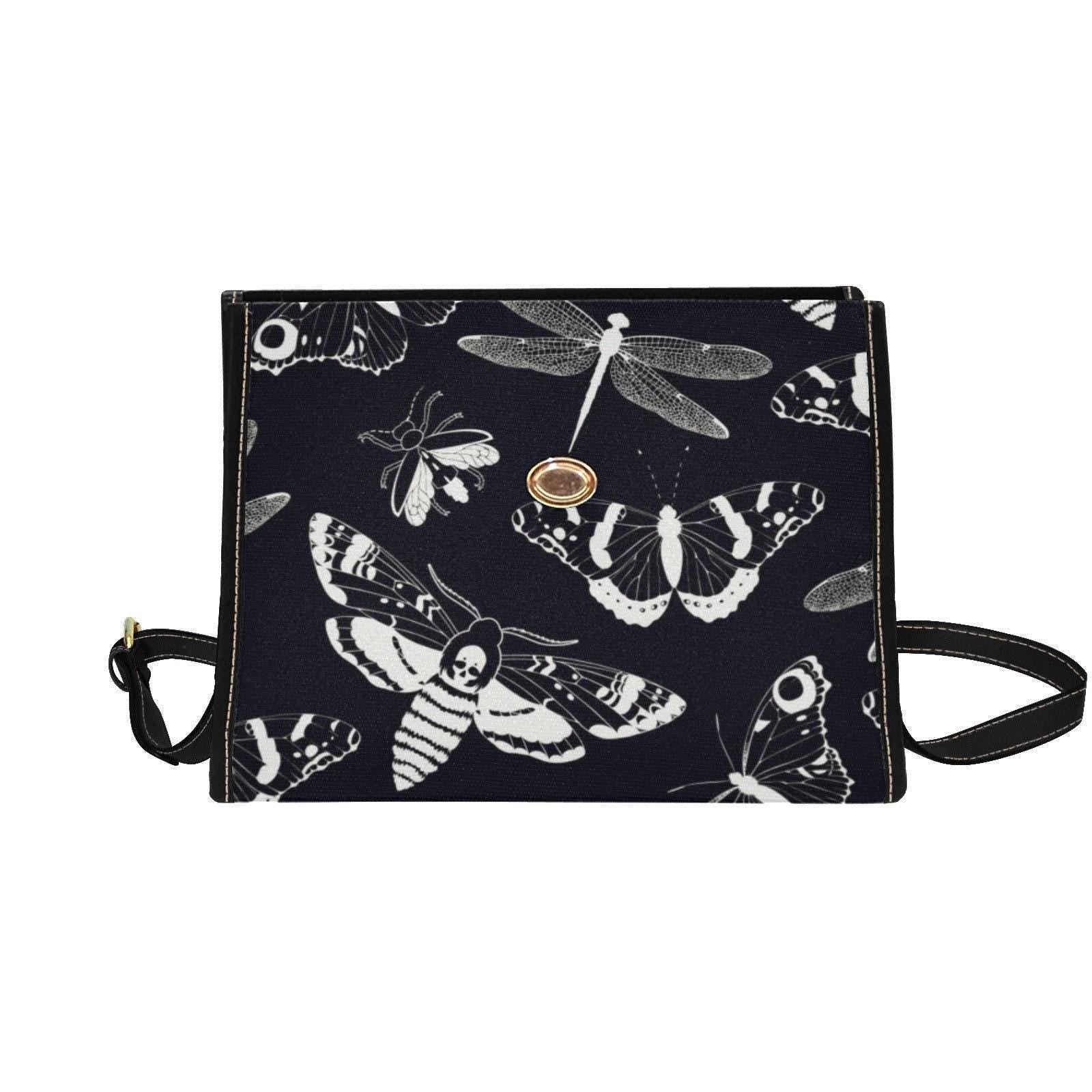 Gothic Moth Print Crossbody Bag, Witchcore Insect Purse, Dark Bug Handbag, Monochrome Moth Bag
